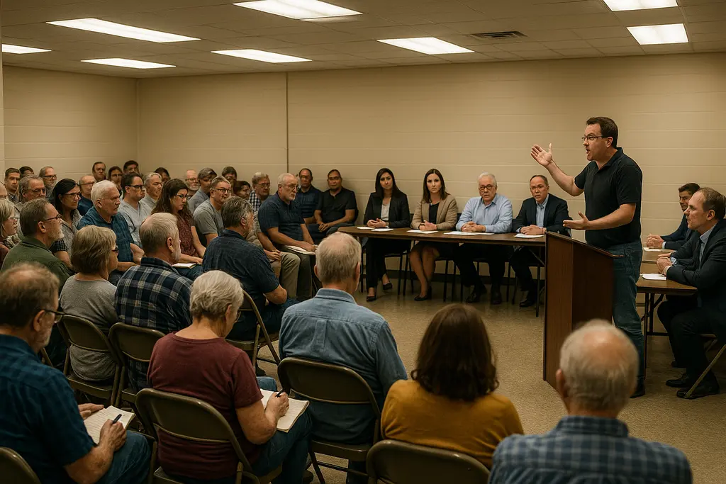 Bass Lake Improvement Project hearing at a township hall with residents seated for a public meeting