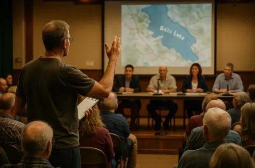 Bass Lake improvements hearing materials on a township meeting table