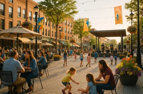 downtown spaces along a Traverse City street with pedestrians and storefronts