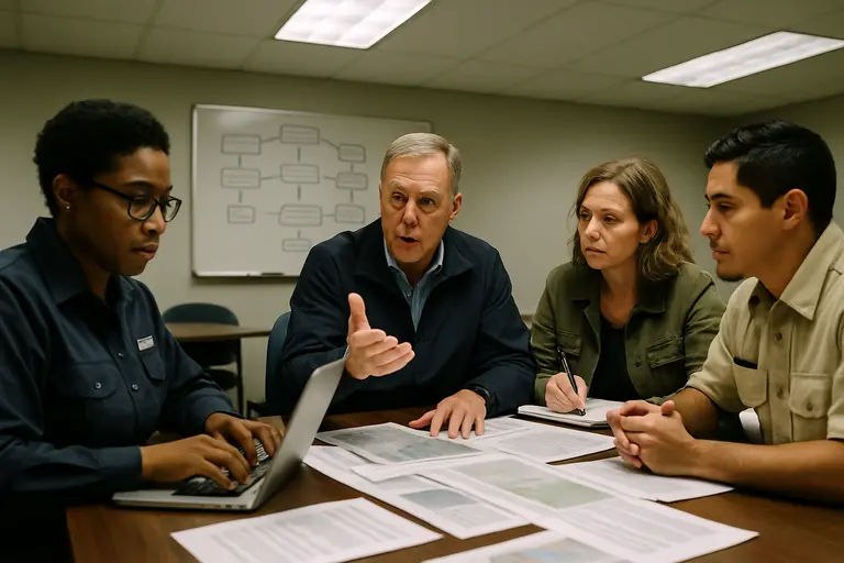 Public works staff reviewing street plans on a conference table
