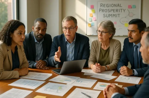 Regional Prosperity Summit meeting table with local planning documents and notes