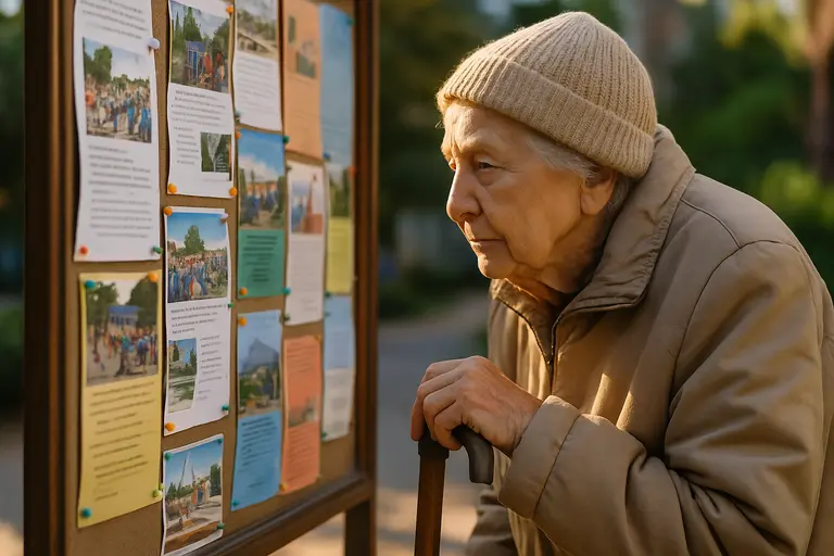 Residents reading printed agendas before a local government meeting