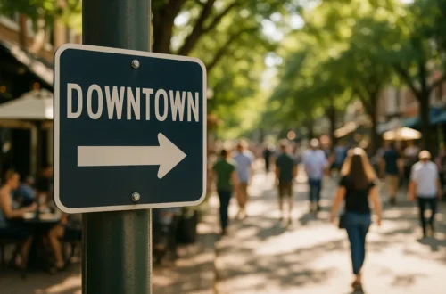 Traverse City DDA district street with shops, pedestrians and public planters