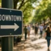 Traverse City DDA district street with shops, pedestrians and public planters