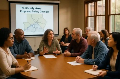 Tri-County Traffic Safety meeting with residents reviewing regional road maps