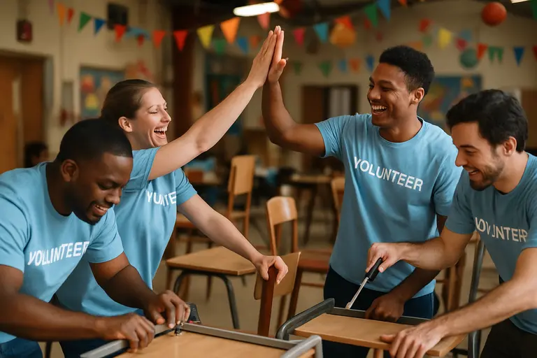 Volunteers assist guests near tables at a community gathering
