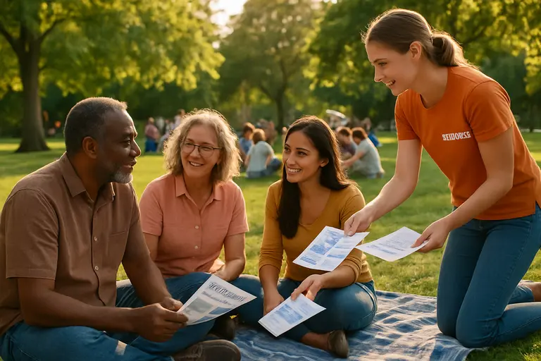 Volunteers gathered around a table with papers during a local planning session