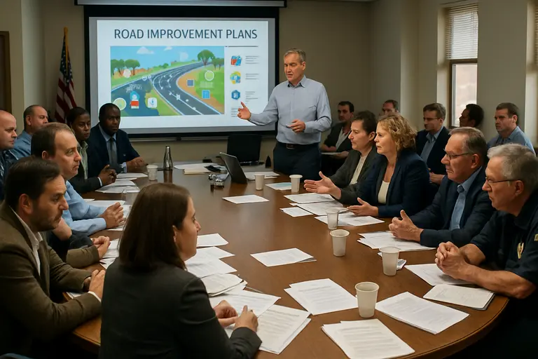 Public works staff reviewing road plans in an office
