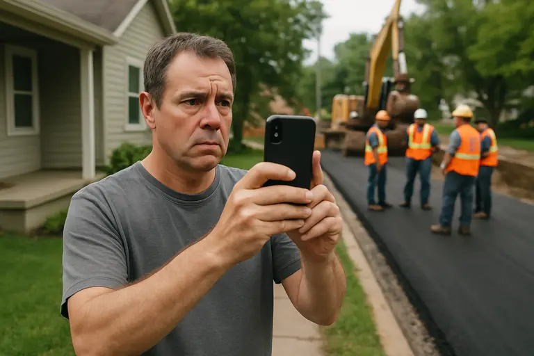 Resident reviewing local road construction information on a laptop