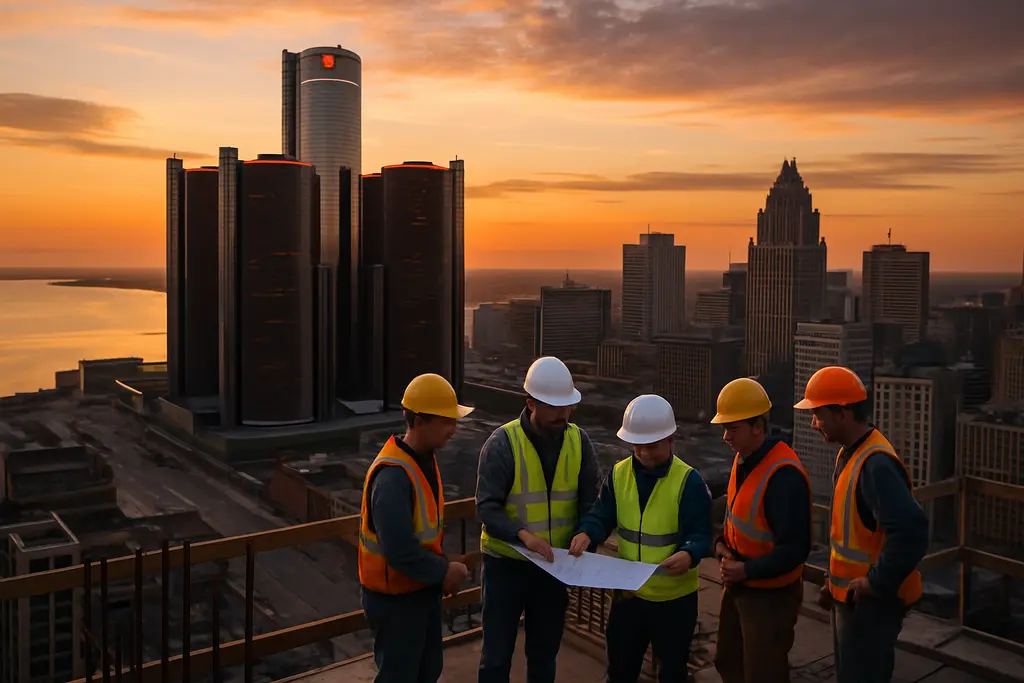 Detroit RenCen Redevelopment view of towers and riverfront from downtown