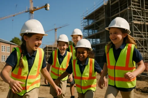 K-12 Infrastructure work site outside a Michigan school building