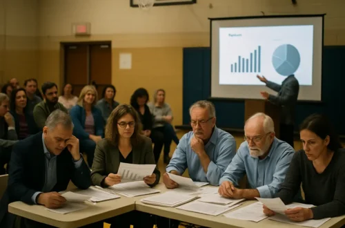 Michigan School Deficits budget papers on a school board table