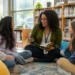 Model School Library space with students reading and working at tables