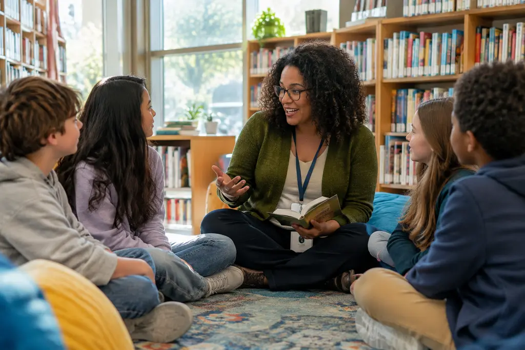 Model School Library space with students reading and working at tables