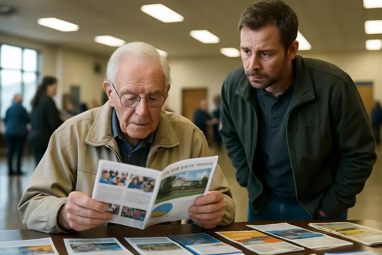 Resident reading school budget materials at a public table