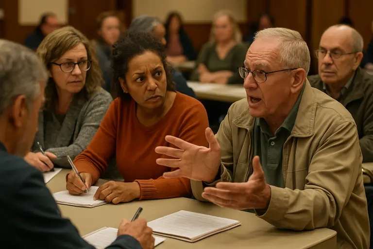 Residents reviewing a printed city project map at a public table