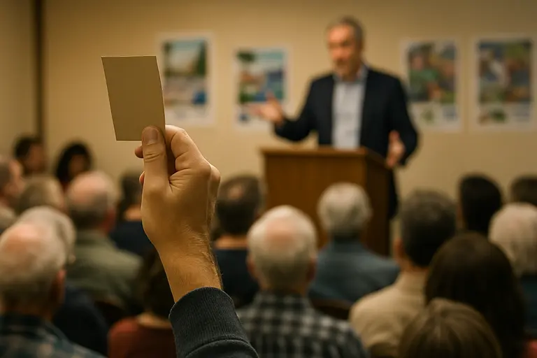Residents seated at a public meeting with printed agendas