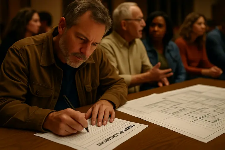 Residents seated at a school board meeting during a facilities discussion