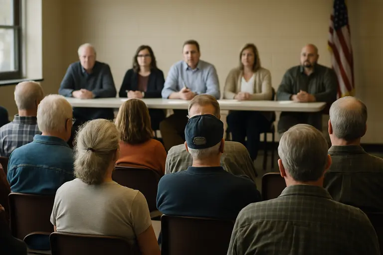 Residents seated during a local board meeting in a community room