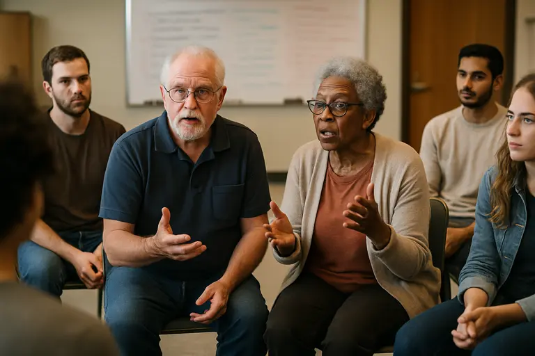 Residents seated in a public meeting room during a civic discussion
