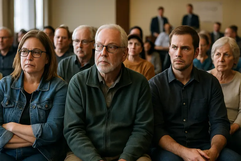 Residents sit in a public meeting room during a local budget discussion