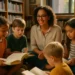 Students using library tables during Scripps literacy programs in Lake Orion