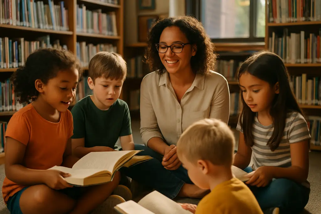 Students using library tables during Scripps literacy programs in Lake Orion